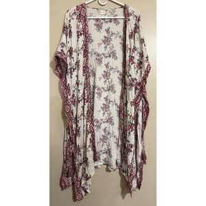 Altar'd State Boho Open Front Longline Ditsy Floral Pink & Cream Tie Side Kimono